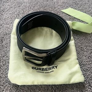 Authentic Burberry Black Leather Belt with Silver Buckle